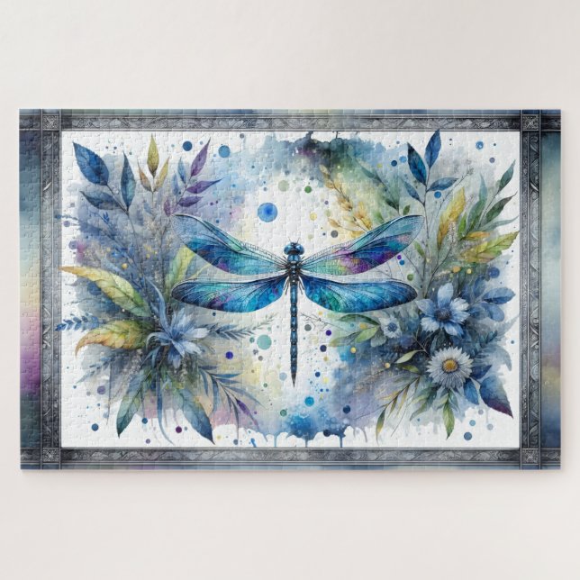 Puzzle Aquarelle botanique de libellule bleue (Horizontal)