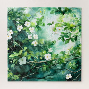 Puzzle Aquarelle botanique Fleurs blanches Feuilles verte