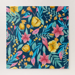 Puzzle Aquarelle botanique : fleurs, ornement feuille.