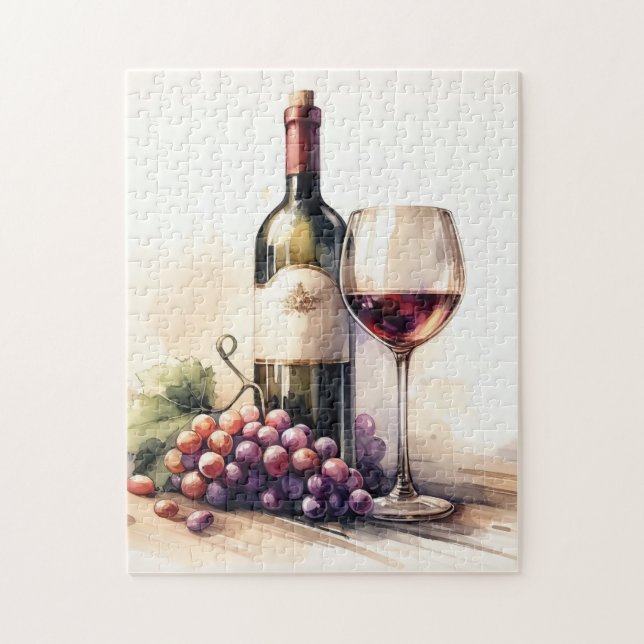 Puzzle Aquarelle Bouteille de vin et raisins (Vertical)