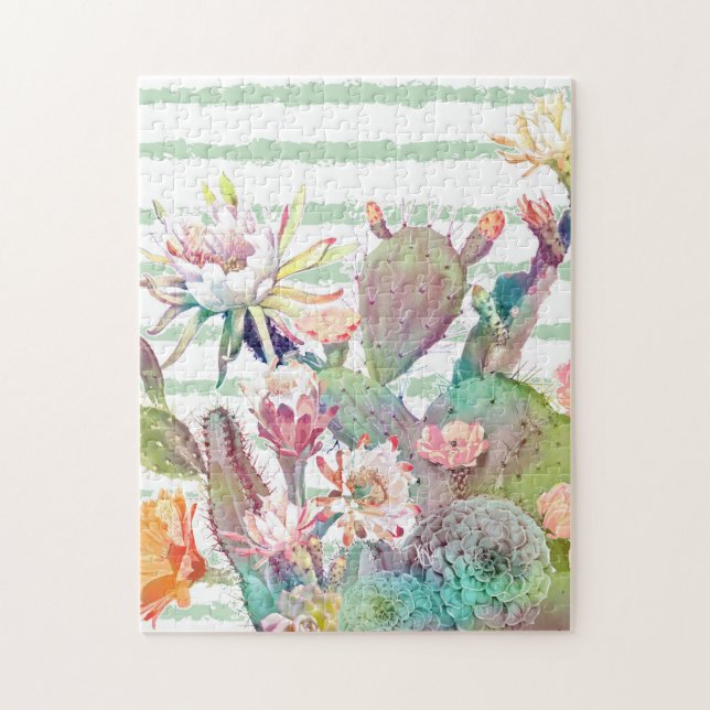Puzzle Aquarelle Cactus Floral Stripes Design (Vertical)