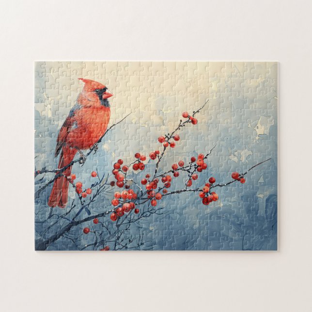 Puzzle Aquarelle Cardinal Birds Red Berries (Horizontal)
