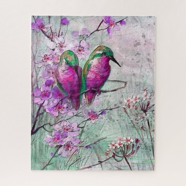 Puzzle Aquarelle Colibris aux fleurs de printemps roses (Vertical)