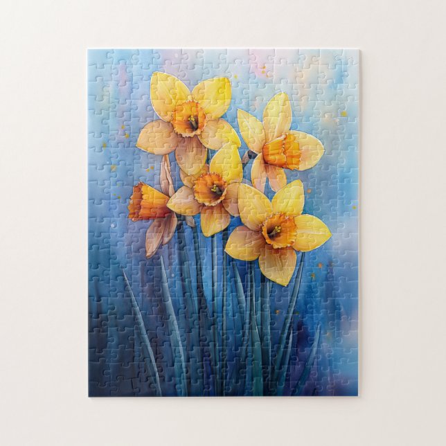 Puzzle Aquarelle Daffodiles Arrière - plan bleu (Vertical)