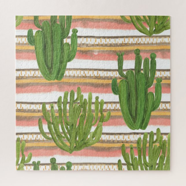 Puzzle Aquarelle de cactus, arrière - plan rayé, couche t (Vertical)
