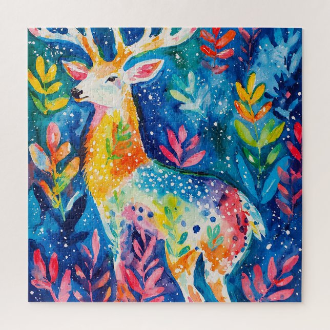 Puzzle Aquarelle de cerf hivernal coloré (Vertical)