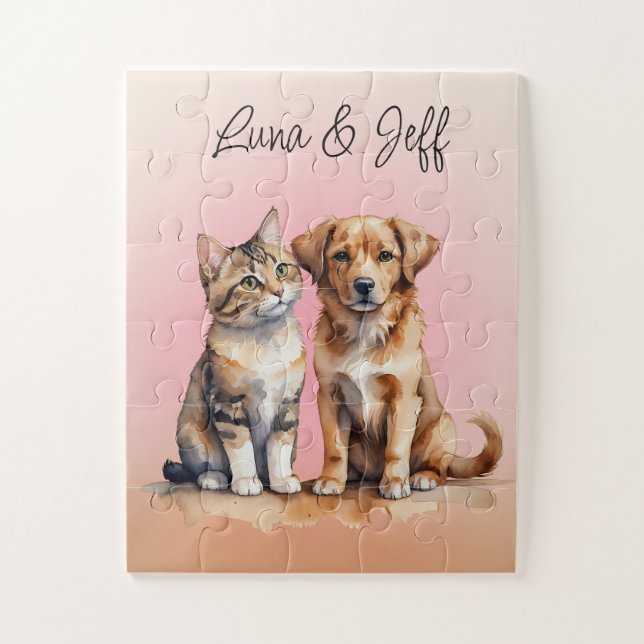 Puzzle Aquarelle de chat et chien mignonne (Vertical)