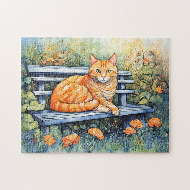 Puzzle Aquarelle de chat sur un banc dans un jardin fleur (Horizontal)
