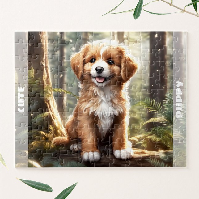 Puzzle Aquarelle de chien mignon Puppy Forest Nom personn (Cute Dog Watercolor Puppy Forest Custom Name Jigsaw Puzzle)