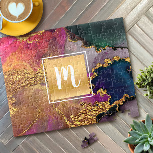 Puzzle Aquarelle de marbre, or violet vert bleu monogramm