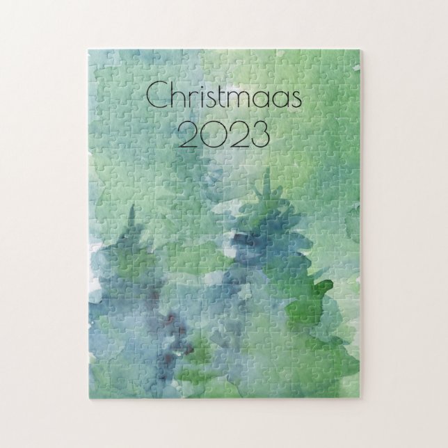 Puzzle Aquarelle de Noël Pine Arbres Bleu Vert (Vertical)