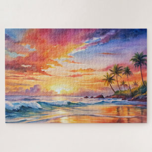 Puzzle Aquarelle de plage de coucher de soleil tropical,