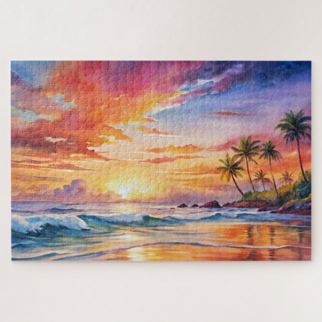 Puzzle Aquarelle de plage de coucher de soleil tropical,  (Horizontal)