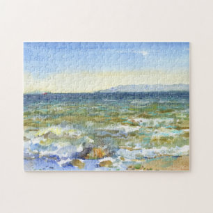 Puzzle Aquarelle de surf ensoleillé et montagnes lointain