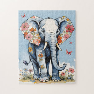 Puzzle Aquarelle d'éléphant floral avec fleurs sauvages