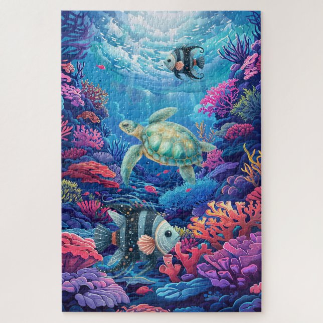 Puzzle Aquarelle difficile Tortue de mer Corail Reef Océa (Vertical)
