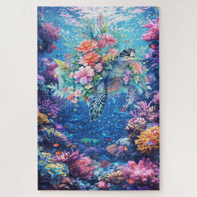 Puzzle Aquarelle difficile Tortue de mer Corail Reef Océa (Vertical)