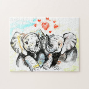 Puzzle Aquarelle - Eléphants mignons - Coeurs romantiques