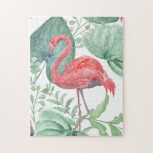 Puzzle Aquarelle flamants roses et feuilles.