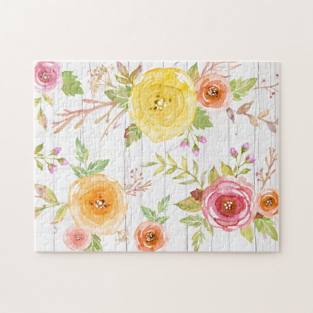 Puzzle Aquarelle fleurie rose jaune bois blanc rustique (Horizontal)