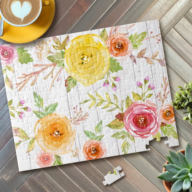 Puzzle Aquarelle fleurie rose jaune bois blanc rustique (Créateur téléchargé)