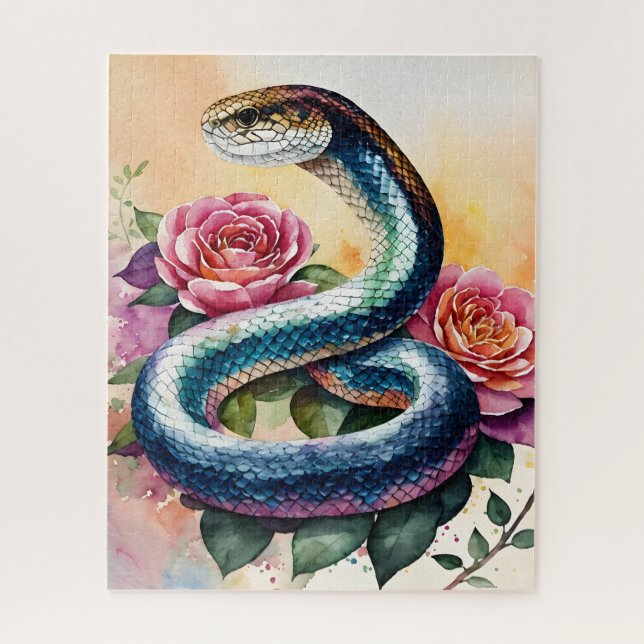 Puzzle Aquarelle florale de serpent coloré Art (Vertical)