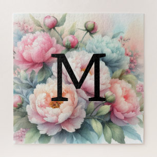 Puzzle Aquarelle florale monogramme bleu rose