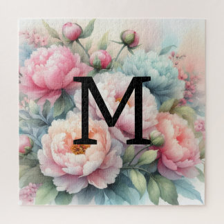 Puzzle Aquarelle florale monogramme bleu rose