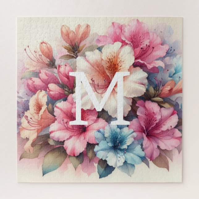Puzzle Aquarelle florale monogramme rose azalée bleue (Vertical)