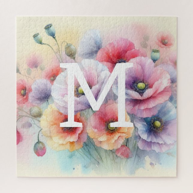 Puzzle Aquarelle florale monogramme rose fleurs de pavot  (Vertical)