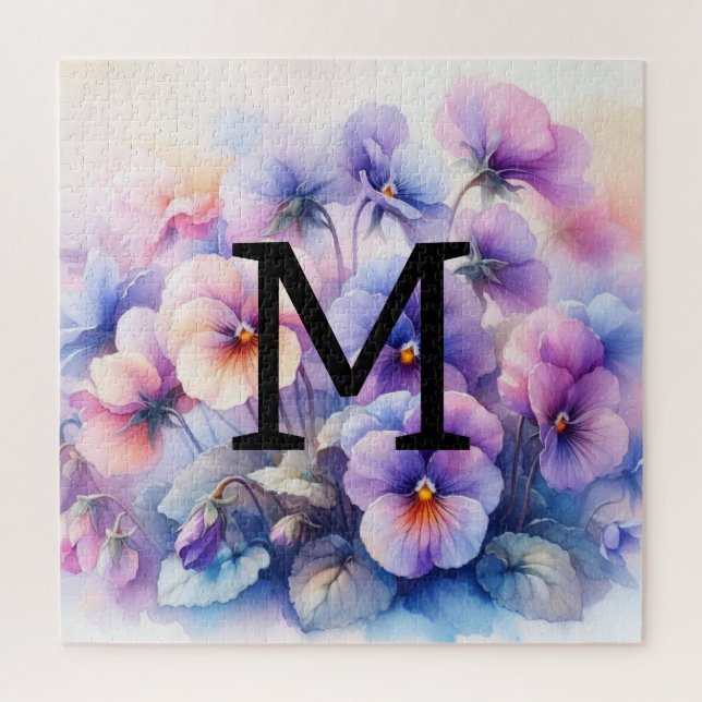Puzzle Aquarelle florale monogramme rose pourpre panses (Vertical)