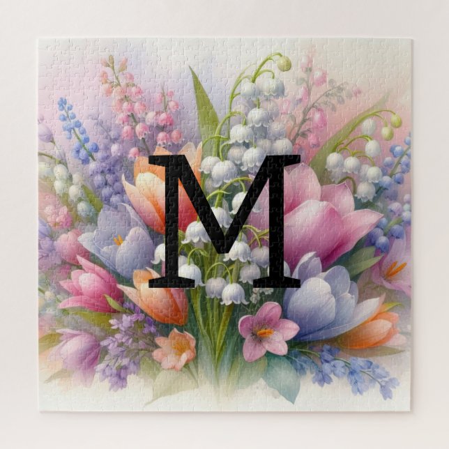 Puzzle Aquarelle florale monogramme rose pourpre tulipes (Vertical)