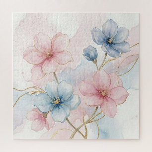 Puzzle Aquarelle Florale Rose Bleu Élégant