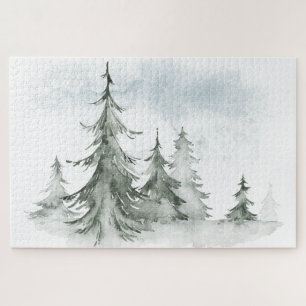 Puzzle Aquarelle Forêt de sapins rustiques hiver