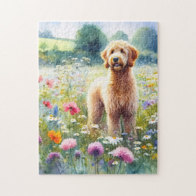 Puzzle Aquarelle Goldendoodle Chien Champ Fleur sauvage (Vertical)