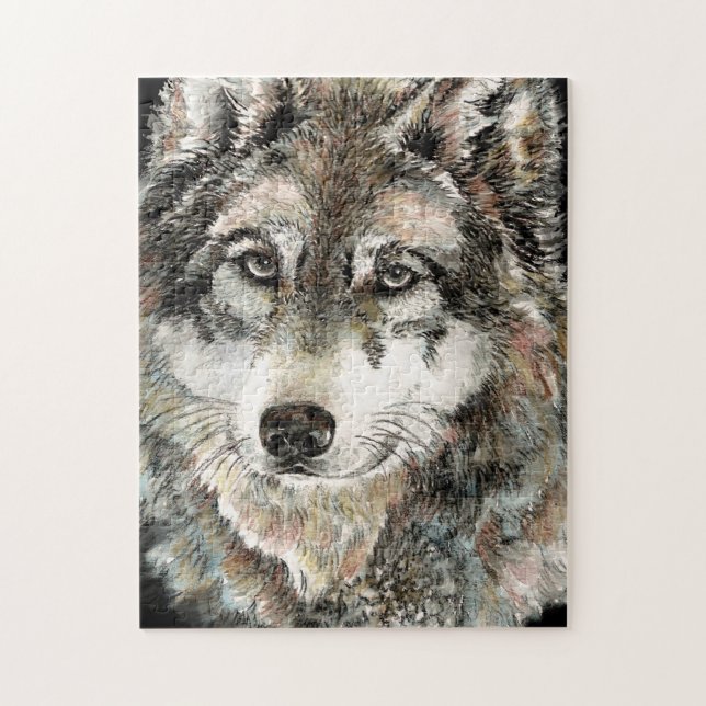 Puzzle Aquarelle Gris Loup Tête Logo animal (Vertical)