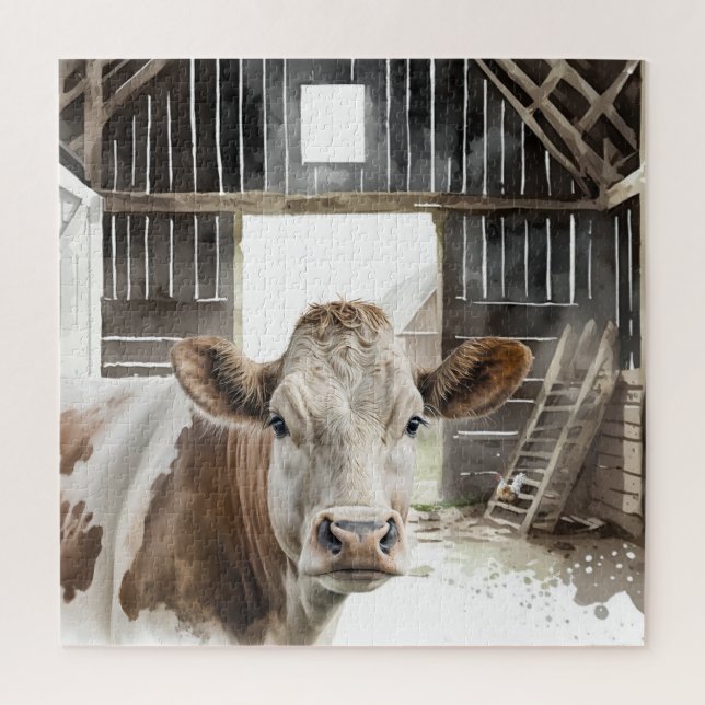 Puzzle Aquarelle Hereford Vache dans la grange (Vertical)