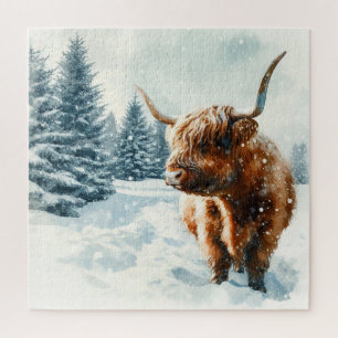 Puzzle Aquarelle Highland Cow Winter Scene