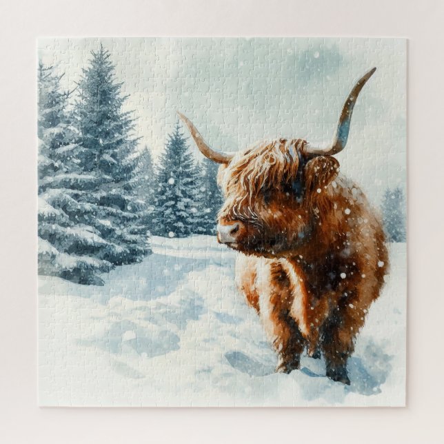 Puzzle Aquarelle Highland Cow Winter Scene (Vertical)