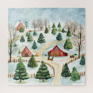 Puzzle Aquarelle Hiver Paysage rustique avec Fir Trees