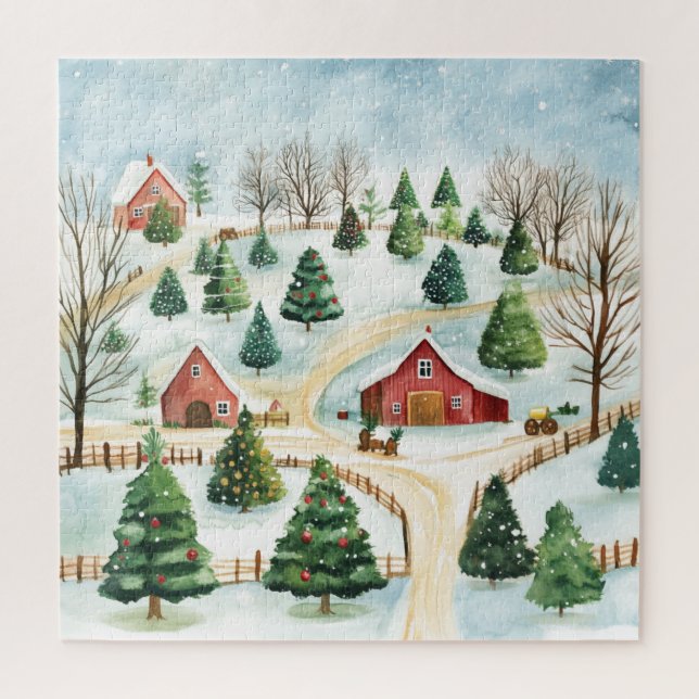 Puzzle Aquarelle Hiver Paysage rustique avec Fir Trees (Vertical)