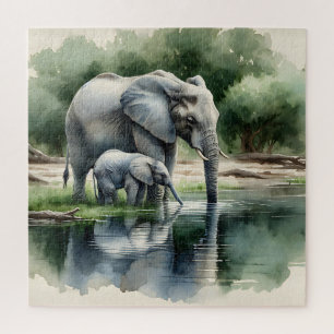 Puzzle Aquarelle Illustration de maman et bébé éléphant