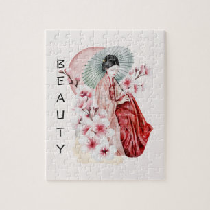 Puzzle Aquarelle japonaise de Geisha avec Kimono et Sakur
