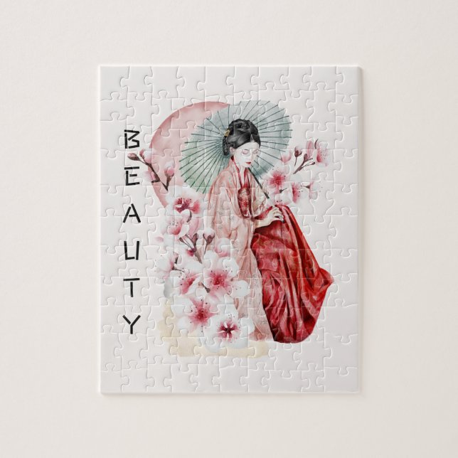Puzzle Aquarelle japonaise de Geisha avec Kimono et Sakur (Vertical)