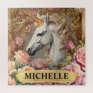 Puzzle Aquarelle Licorne Blanche Vintage et Roses Roses