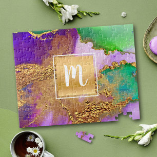 Puzzle Aquarelle marbre monogramme or violet vert aqua