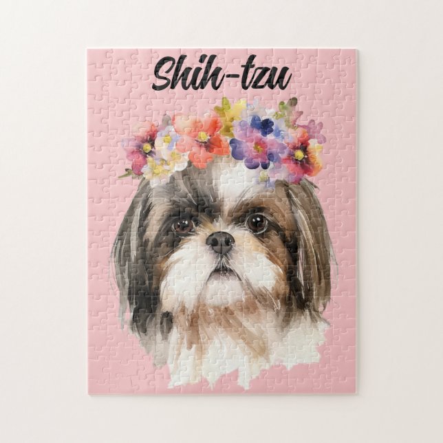 Puzzle Aquarelle mignonne Chih-tzu Chien/Fleurs (Vertical)