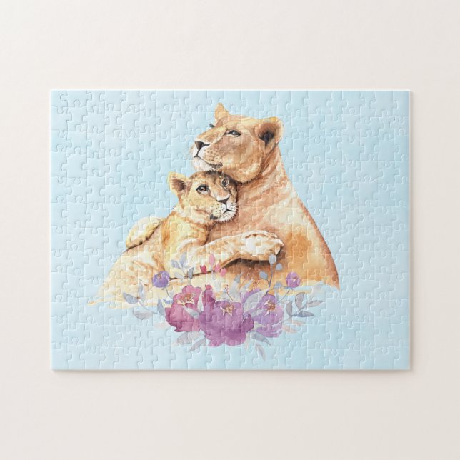 Puzzle Aquarelle mignonne Mère Lion & Cub (Horizontal)