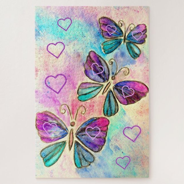 Puzzle Aquarelle - Mignons Papillons colorés - Coeurs - (Vertical)