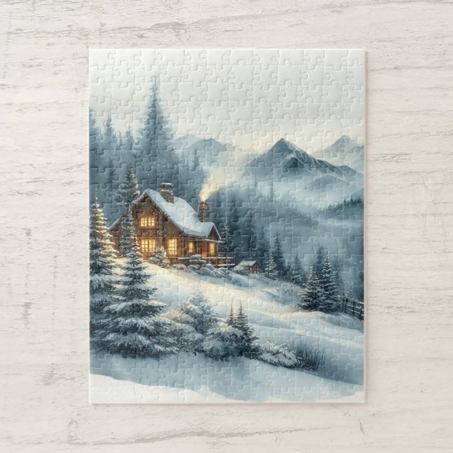 Puzzle Aquarelle Misty Mountains Cabine Paysage hivernal (Créateur téléchargé)